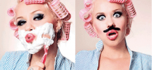 Mujer afeitándose y una mujer con bigote